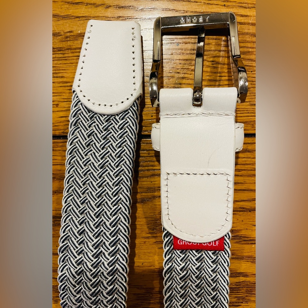 Ghost Golf men’s braided belt, off white/navy, size 42, stretch/flexibility